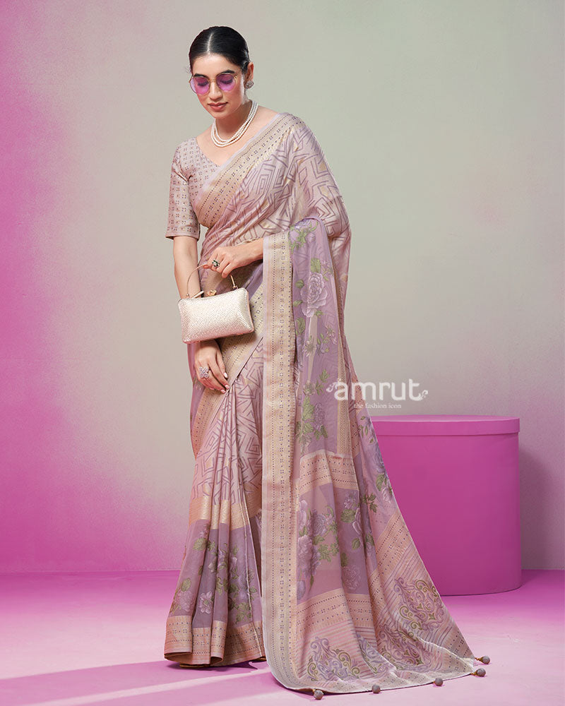 Mauve Printed Saree with Unstitched Blouse 01