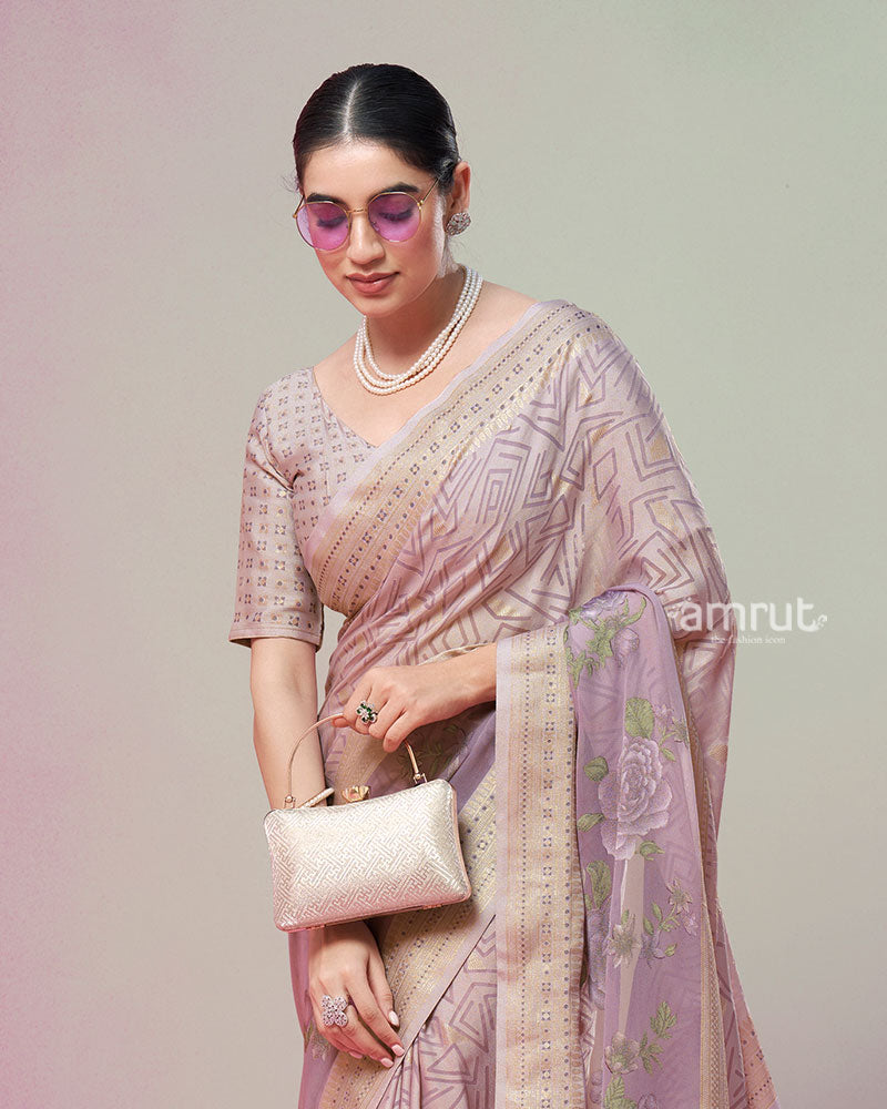 Mauve Printed Saree with Unstitched Blouse 02