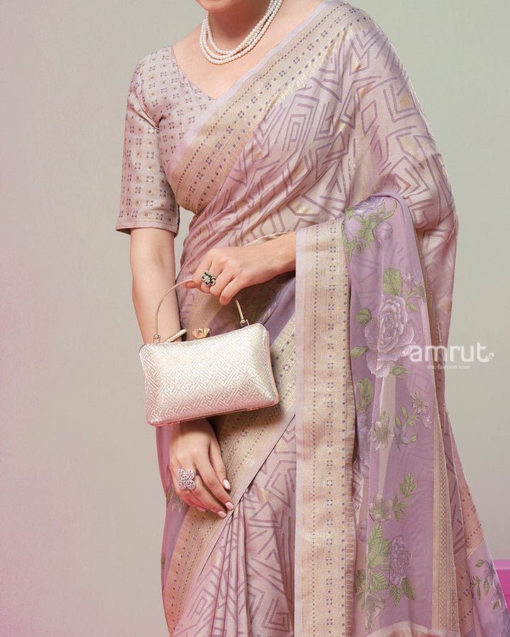 Mauve Printed Saree with Unstitched Blouse 03