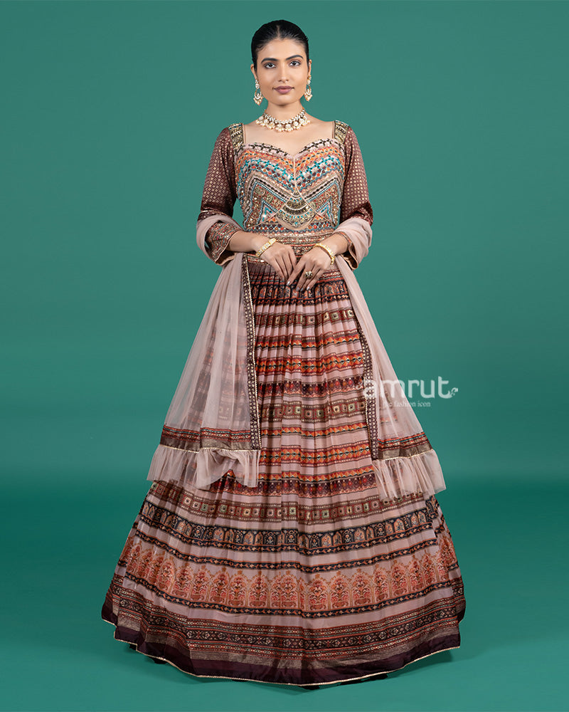 Mauve Rust Embroidered Gown With Net Dupatta 01