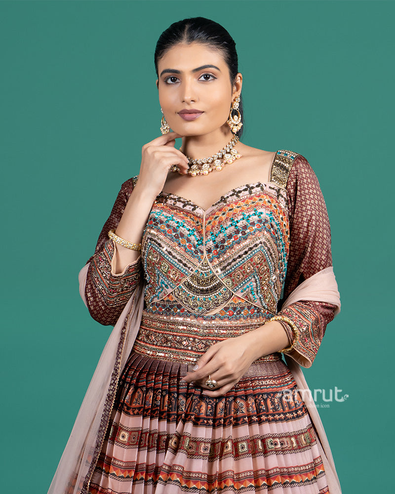Mauve Rust Embroidered Gown With Net Dupatta 02