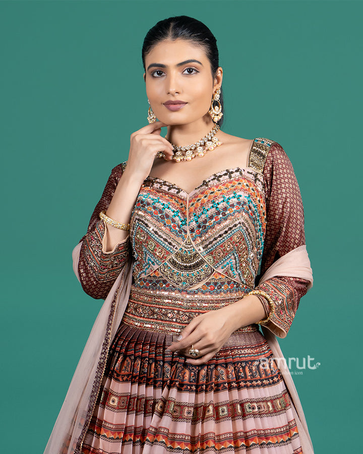 Mauve Rust Embroidered Gown With Net Dupatta 02