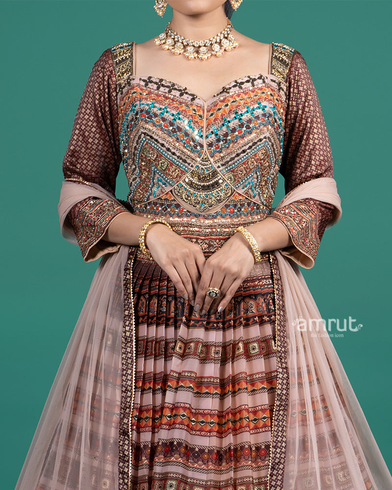 Mauve Rust Embroidered Gown With Net Dupatta 03