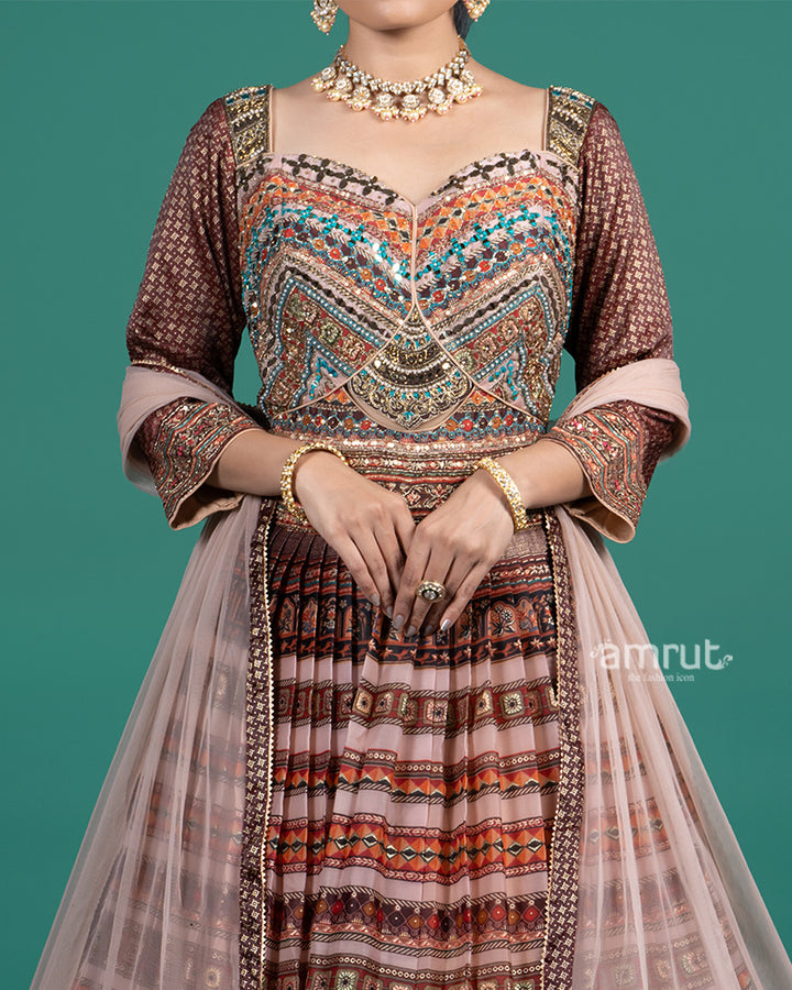 Mauve Rust Embroidered Gown With Net Dupatta 03