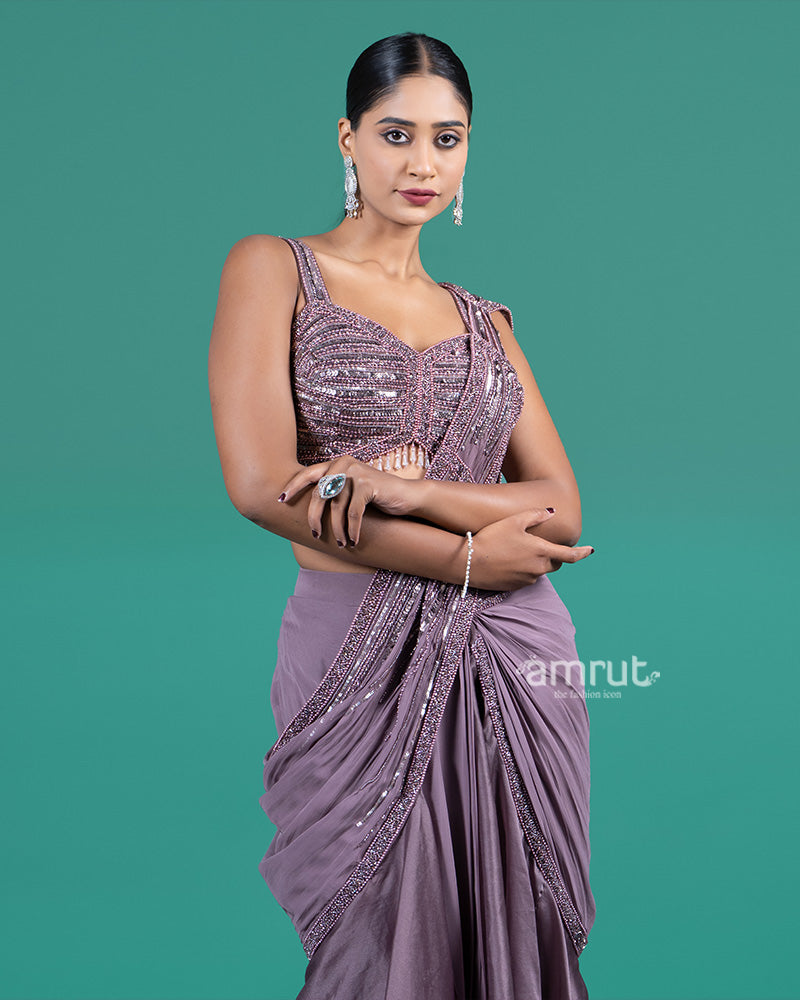 Mauve Sequin Embellished Draped Saree with Embellished Blouse 02