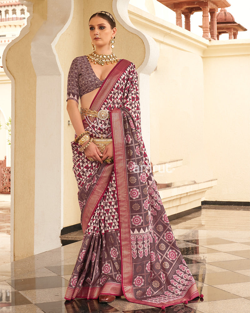 Mauve Taupe & White Geometric Printed Embellished Zari Border Silk Saree with Unstitched Blouse 01