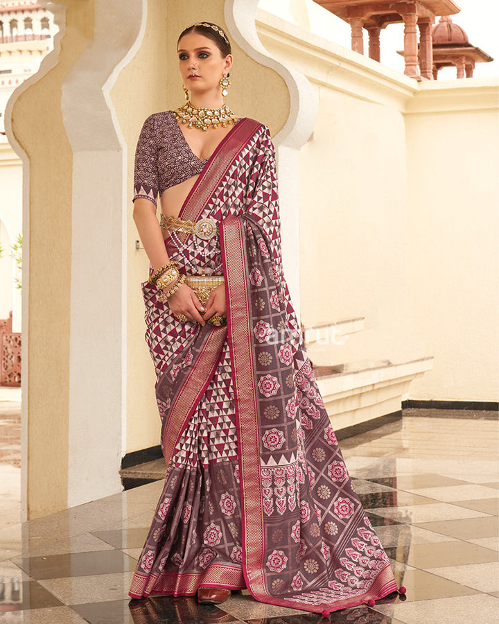 Mauve Taupe & White Geometric Printed Embellished Zari Border Silk Saree with Unstitched Blouse 01