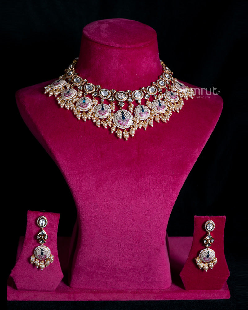 Meenakari Peacock Necklace Set with Kundan, Pearl Accents, and Matching Earrings 01