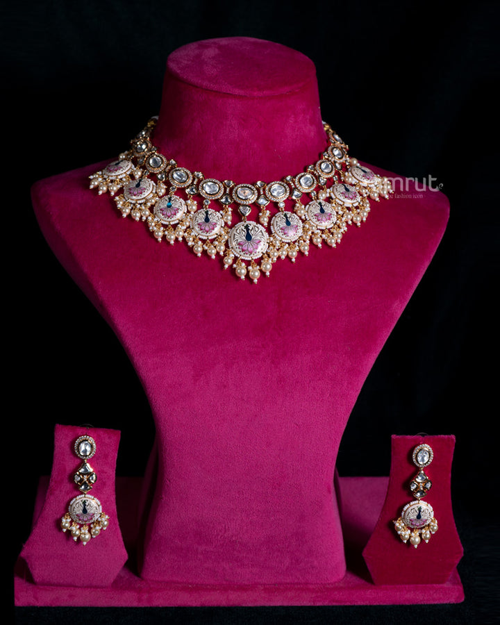 Meenakari Peacock Necklace Set with Kundan, Pearl Accents, and Matching Earrings 01