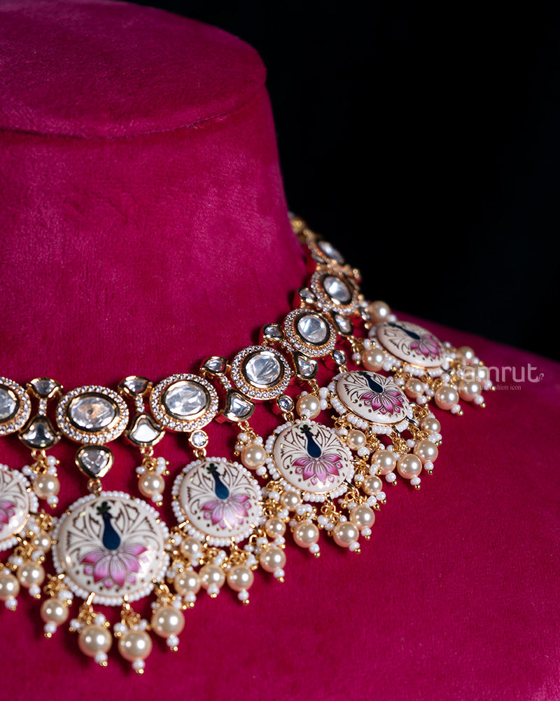 Meenakari Peacock Necklace Set with Kundan, Pearl Accents, and Matching Earrings 02