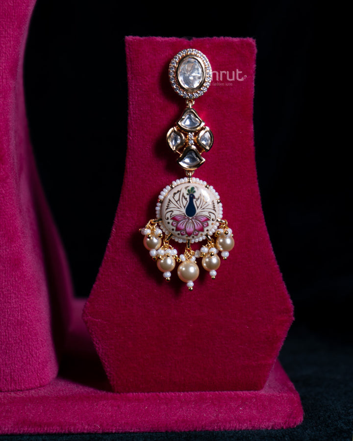 Meenakari Peacock Necklace Set with Kundan, Pearl Accents, and Matching Earrings 03
