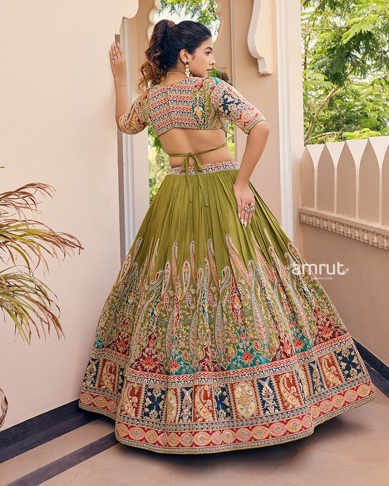 Mehendi Green Embroidered Lehenga With Maroon Bandhani Dupatta