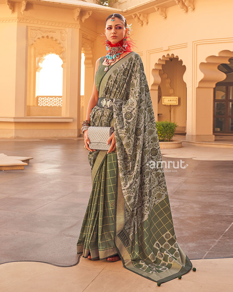 Mehendi Green and Beige Printed Silk Saree with Unstitched Blouse 01