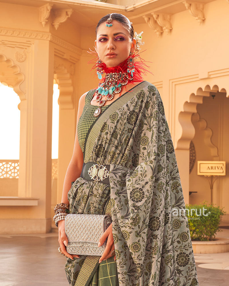 Mehendi Green and Beige Printed Silk Saree with Unstitched Blouse 02