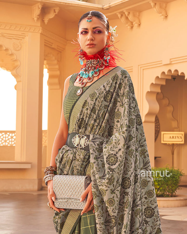 Mehendi Green and Beige Printed Silk Saree with Unstitched Blouse 02