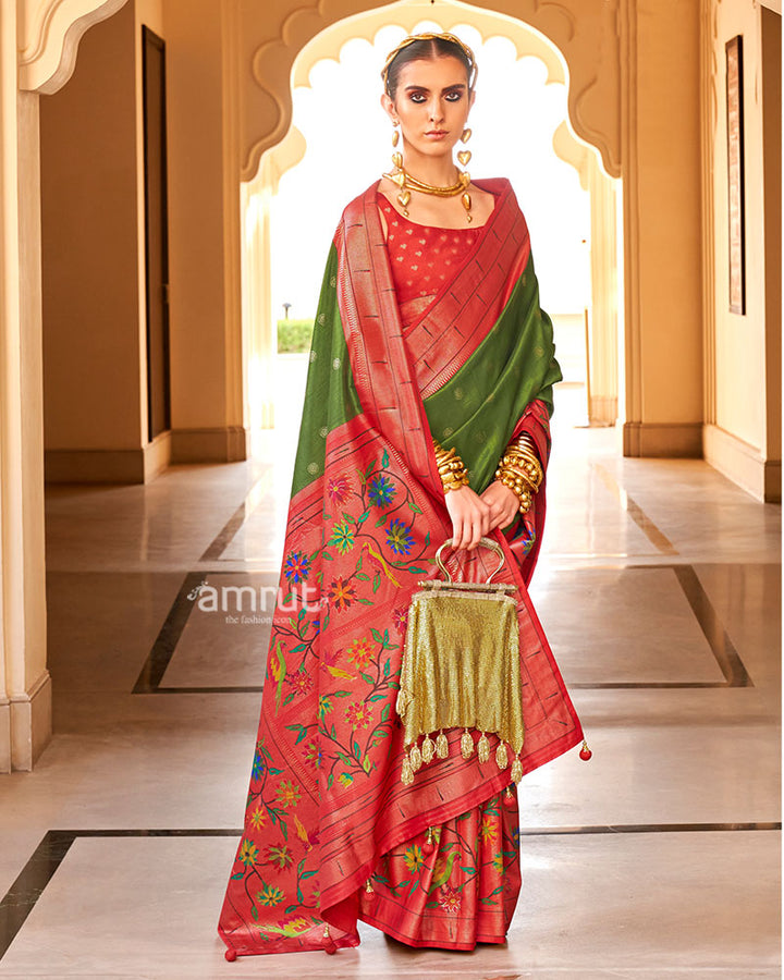 Mehendi Green and Red contrast Border Zari weaving Paithani Silk Saree with Unstitched Blouse 01