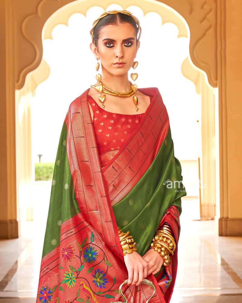 Mehendi Green and Red contrast Border Zari weaving Paithani Silk Saree with Unstitched Blouse 02