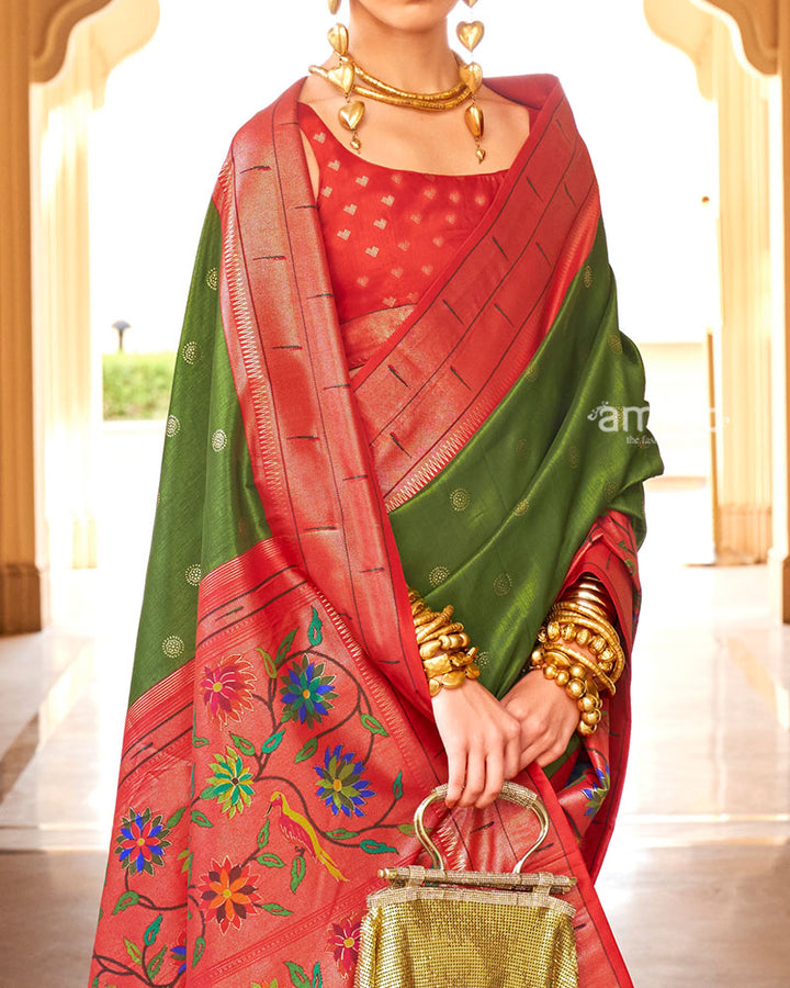 Mehendi Green and Red contrast Border Zari weaving Paithani Silk Saree with Unstitched Blouse 03
