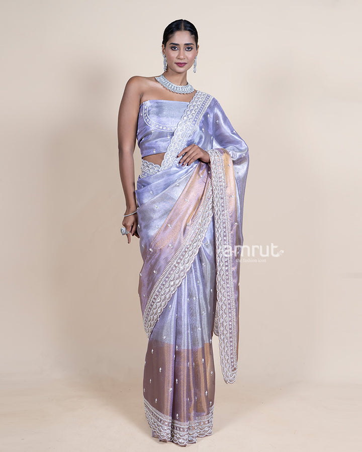 Metallic Sky Grey Tissue Saree with Cutwork Border and Unstitched Blouse 01