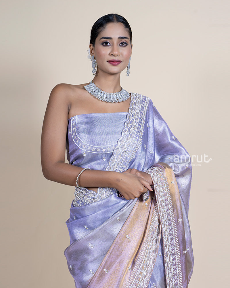 Metallic Sky Grey Tissue Saree with Cutwork Border and Unstitched Blouse 02