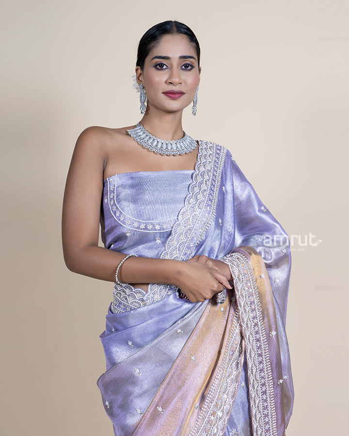 Metallic Sky Grey Tissue Saree with Cutwork Border and Unstitched Blouse 02