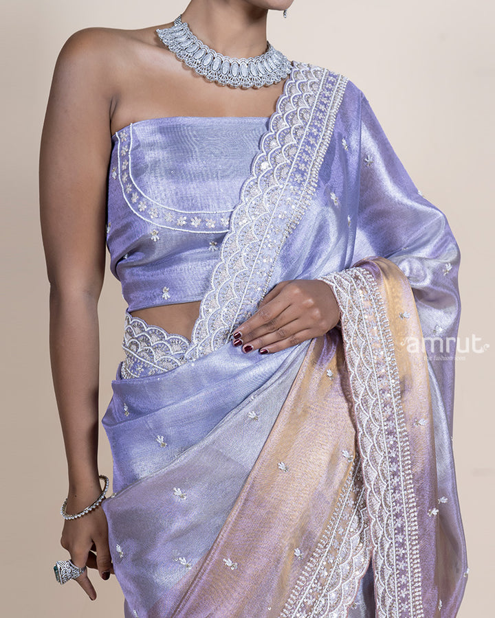 Metallic Sky Grey Tissue Saree with Cutwork Border and Unstitched Blouse 03