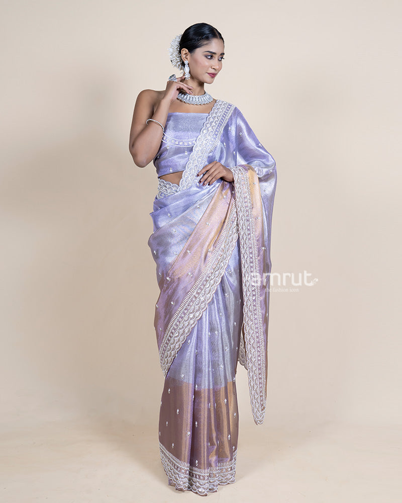 Metallic Sky Grey Tissue Saree with Cutwork Border and Unstitched Blouse 04