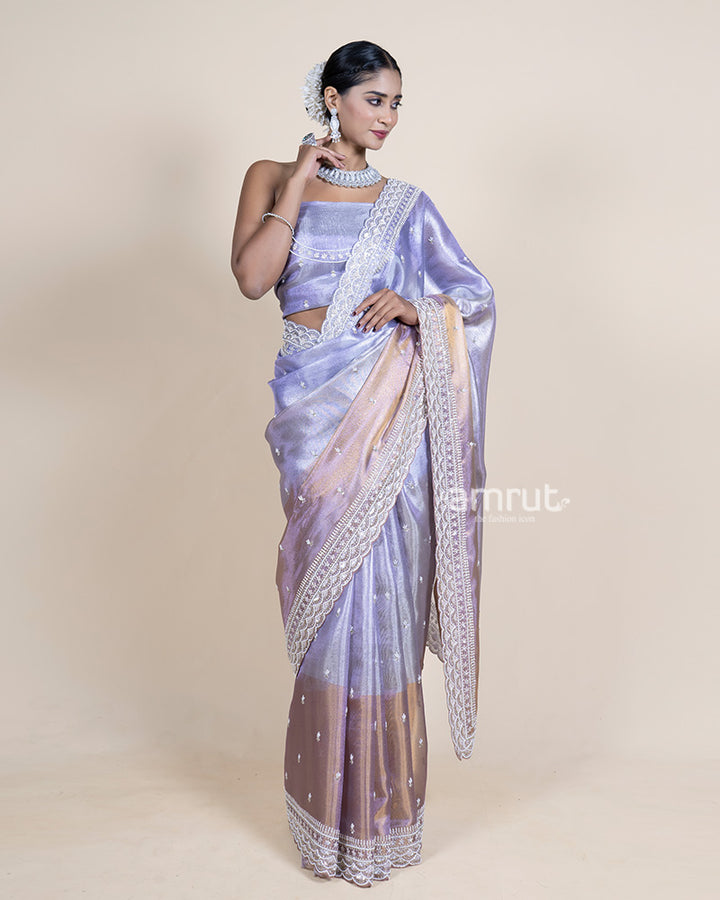 Metallic Sky Grey Tissue Saree with Cutwork Border and Unstitched Blouse 04