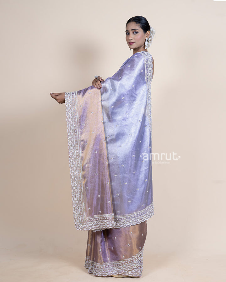 Metallic Sky Grey Tissue Saree with Cutwork Border and Unstitched Blouse 05