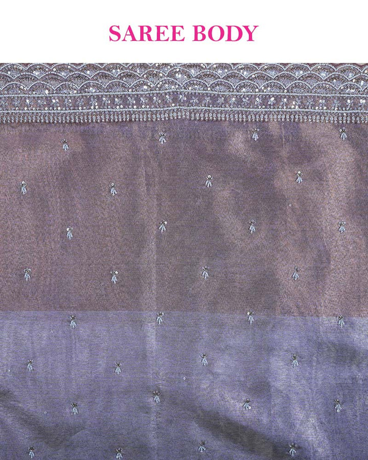 Metallic Sky Grey Tissue Saree with Cutwork Border and Unstitched Blouse 06