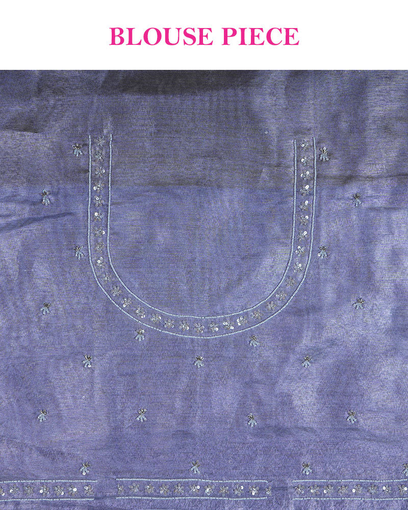Metallic Sky Grey Tissue Saree with Cutwork Border and Unstitched Blouse 07