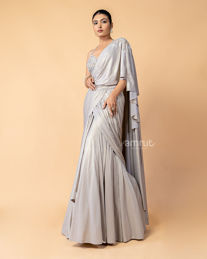 Mid-Tone Silver Ready-to-Wear saree with Embroidered Blouse