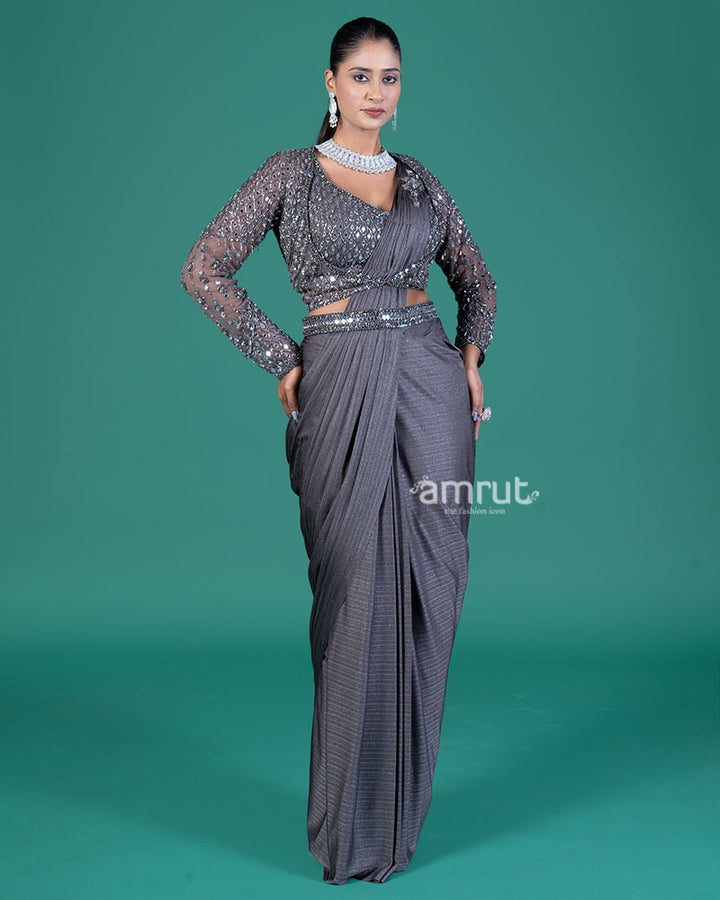 Mid Grey Ready to Wear Saree with Embellished Blouse 01
