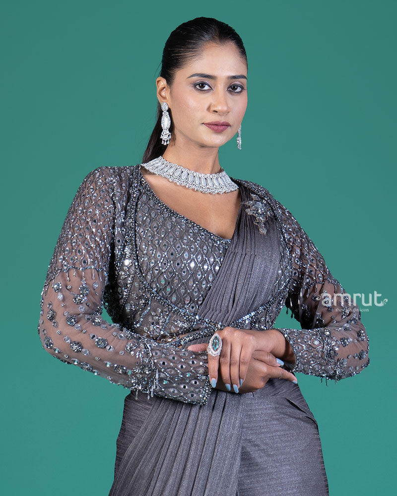 Mid Grey Ready to Wear Saree with Embellished Blouse 02