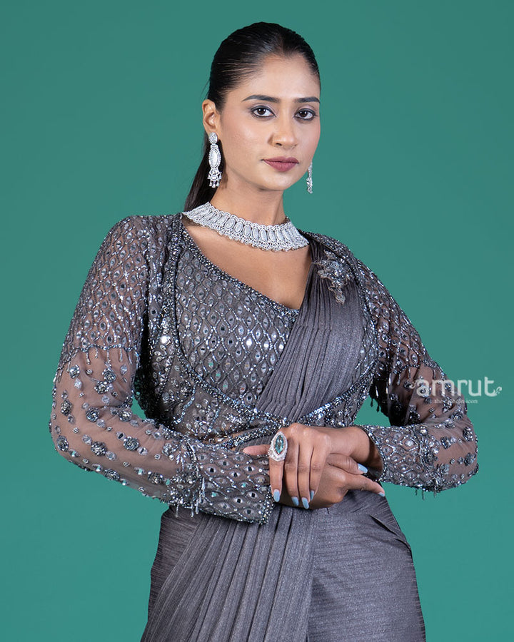 Mid Grey Ready to Wear Saree with Embellished Blouse 02