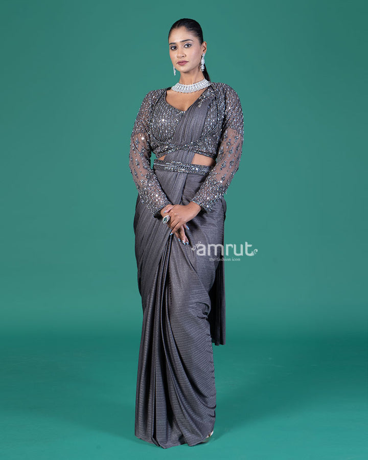 Mid Grey Ready to Wear Saree with Embellished Blouse 05