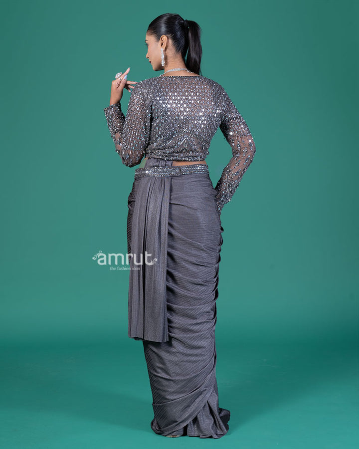 Mid Grey Ready to Wear Saree with Embellished Blouse 06