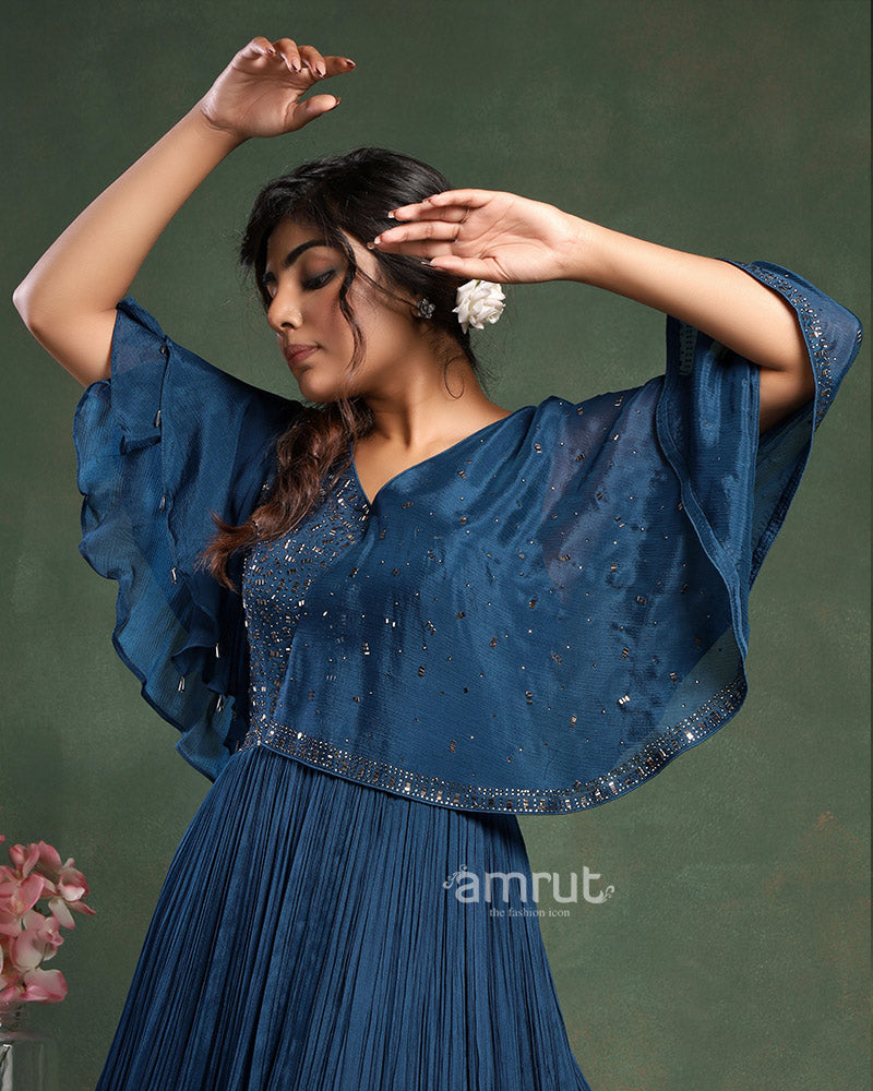 Midnight Blue Gown in Crepe With Cut Dana Embellished Bodice