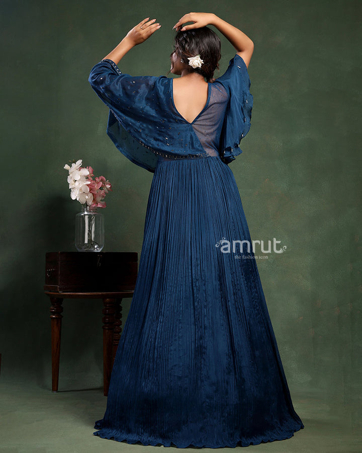 Midnight Blue Gown in Crepe With Cut Dana Embellished Bodice