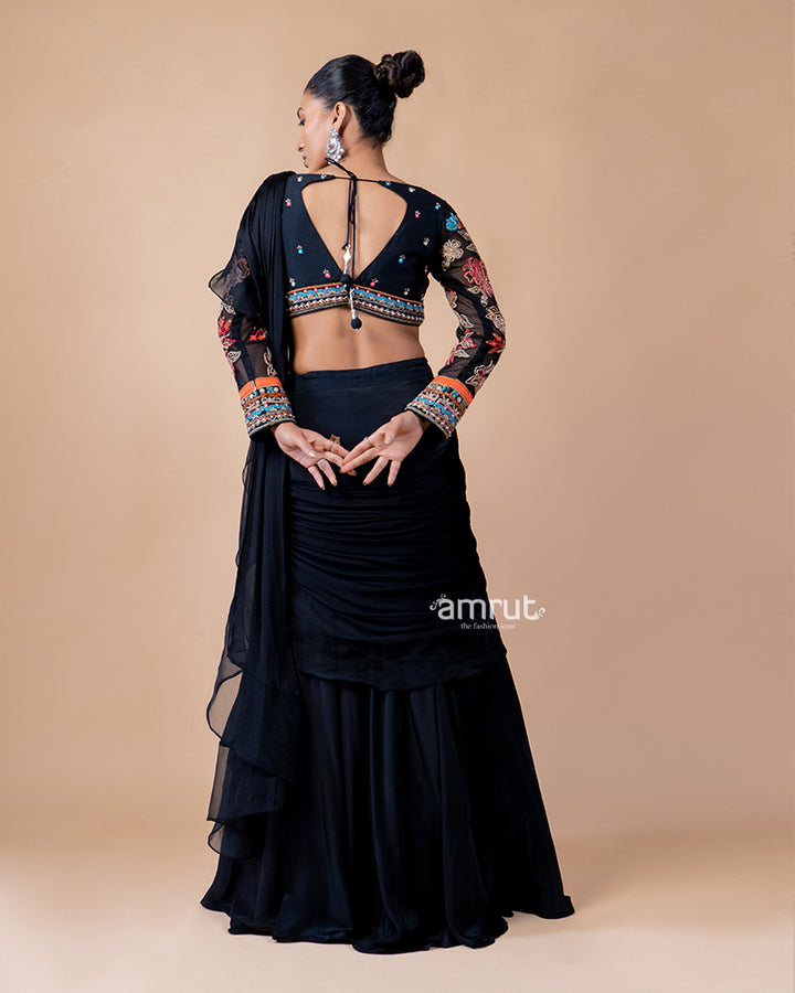 Midnight Blue Ready-to-Wear Saree with Full Sleeves Embroidered Blouse