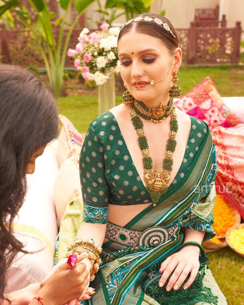 Mint Green Floral Printed Saree With Ikat Weave Printed Pallu