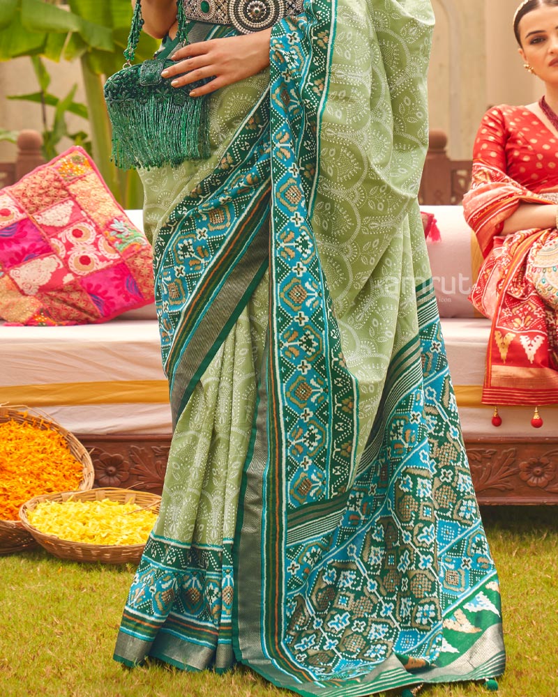 Mint Green Floral Printed Saree With Ikat Weave Printed Pallu