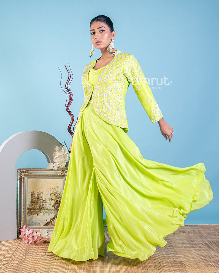 Mint Green Palazzo Crop Top and Flared Palazzo Set With Zari and Cutdana Embroidery