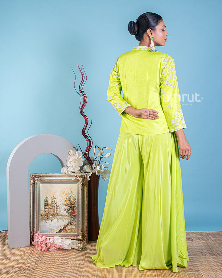 Mint Green Palazzo Crop Top and Flared Palazzo Set With Zari and Cutdana Embroidery