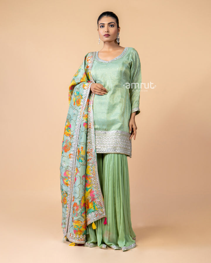 Mint Green Palazzo Suit Set with Multi Color Dupatta