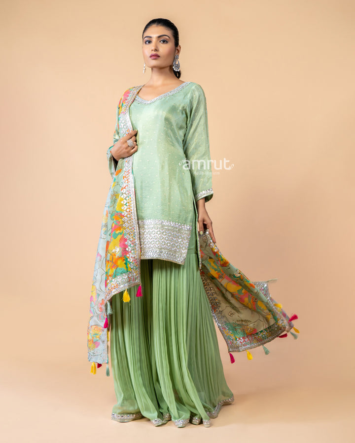 Mint Green Palazzo Suit Set with Multi Color Dupatta