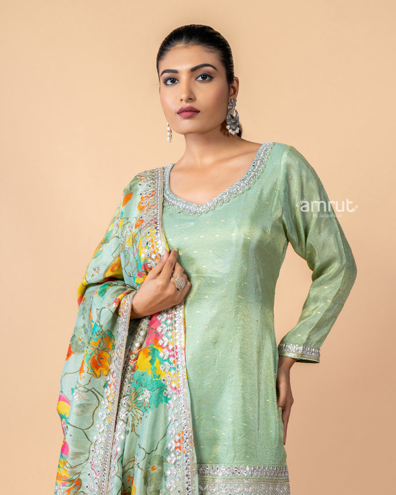 Mint Green Palazzo Suit Set with Multi Color Dupatta