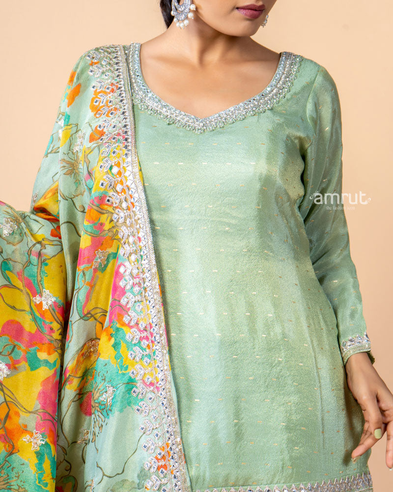 Mint Green Palazzo Suit Set with Multi Color Dupatta