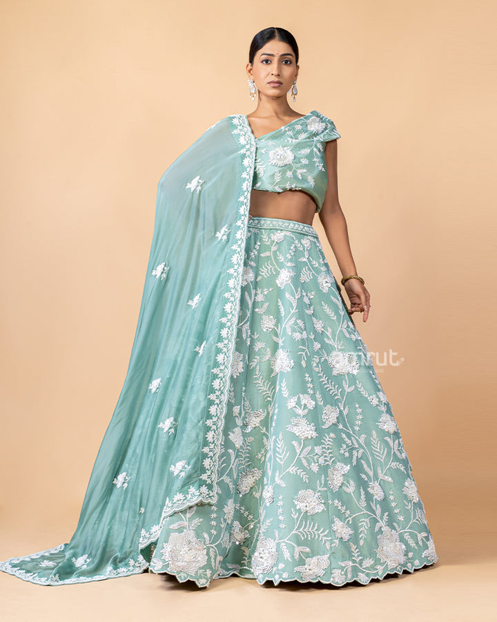 Mint Green Unstitched  Lehenga With Dupatta