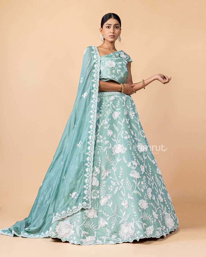 Mint Green Unstitched  Lehenga With Dupatta